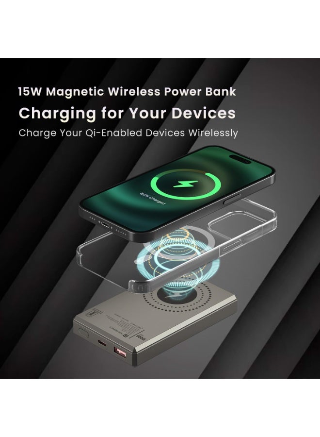 بورترونيكس Portronics Luxcell MagClick 10k 10000 mAh 15W Magnetic Wireless Fast Charging Nano Power Bank Premium Finish, 22.5 Wired Output Compatible with iPhone 12 & Above,Type C Smartphones,Tablets(Beige) - Image 5